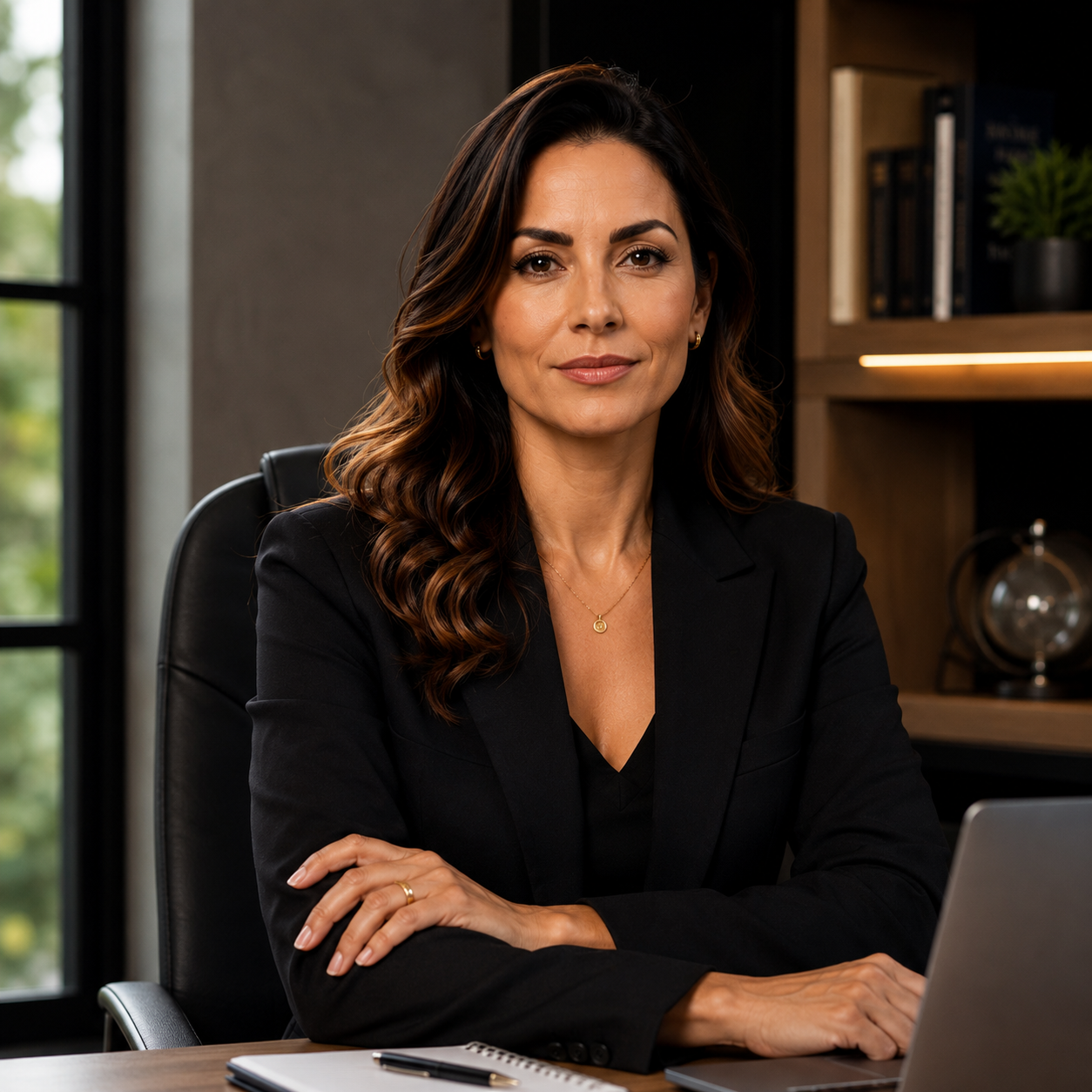 Claudia Alves, contadora, em terno azul marinho